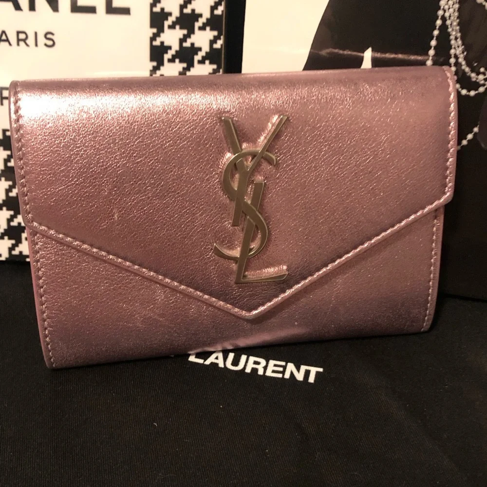 YSL Yves Saint Laurent Azalea Metallic Pink Wallet Rare - Picture 1 of 16
